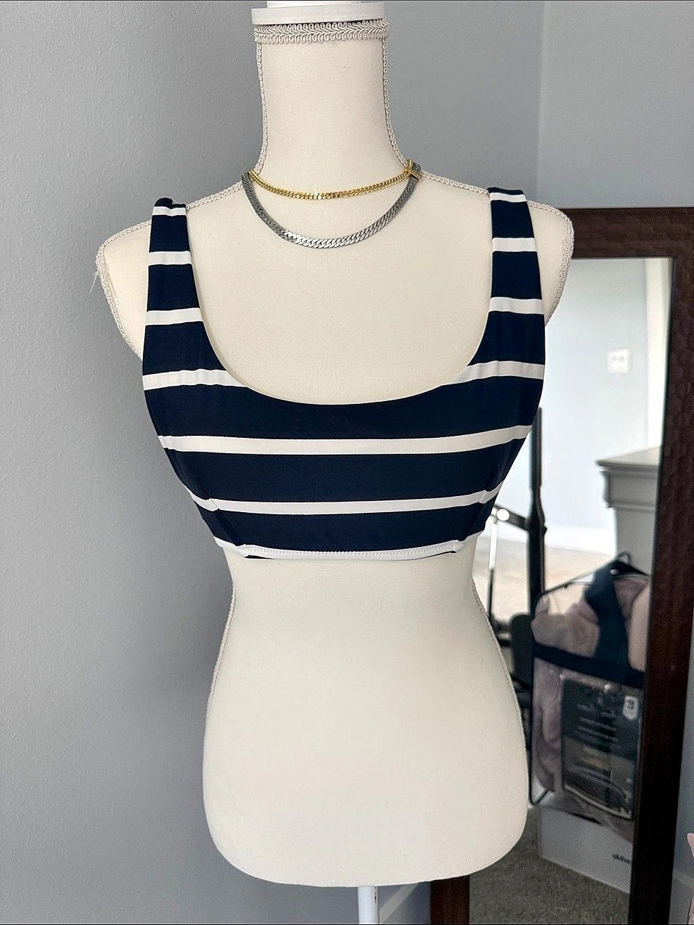 AERIE Striped Bikini Top in Blue & White Size Large Like New